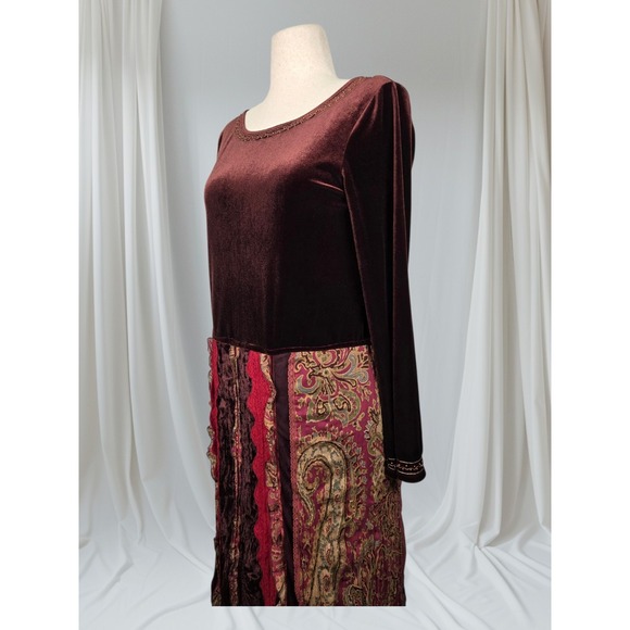 VTG‎ Y2K Bandolino Dress Women's 12 Brown Velvet Paisley Beaded Gypsy Whimsigoth - Picture 2 of 13